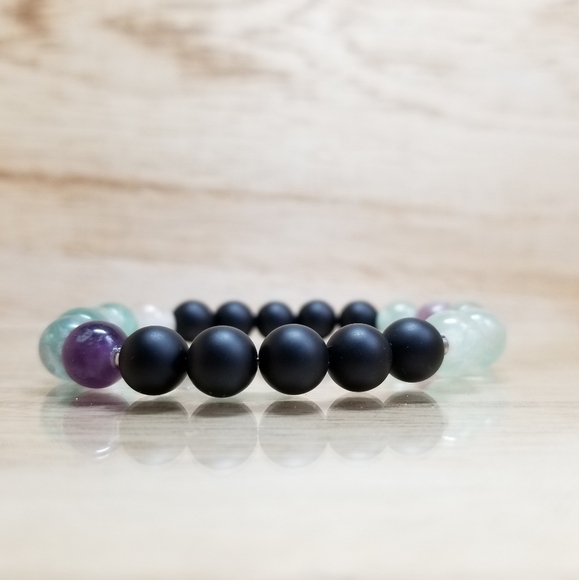 Fluorite & Black Onyx Beaded Stretch Brace… - Picture 4 of 6